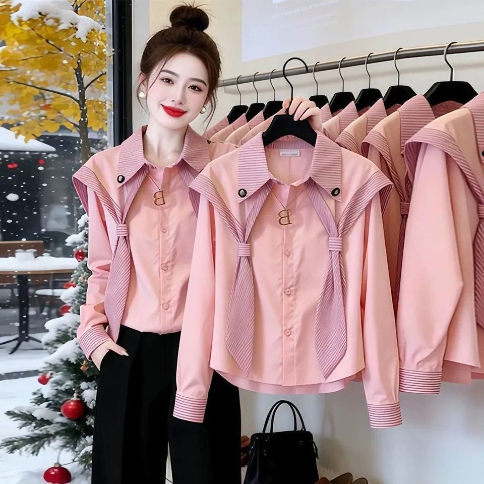 Áo sơ mi nữ tay dài phối vạt cổ sọc phong cách Hàn Quốc