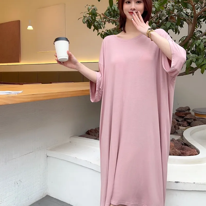 Váy thun dáng rộng tay ngắn đệm ngực phong cách thoải mái cho nữ